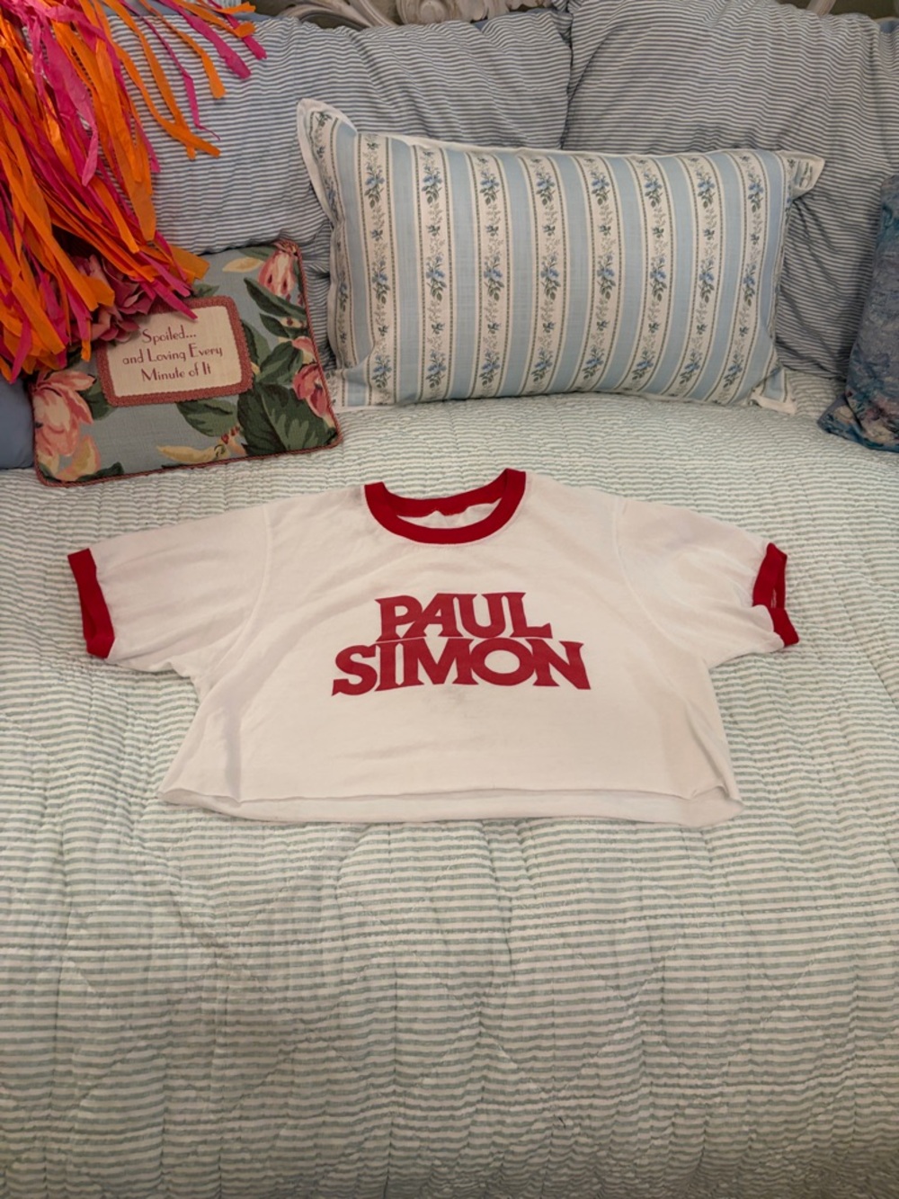 White slashed Crop Ringer Tee with Red Logo and Trim
